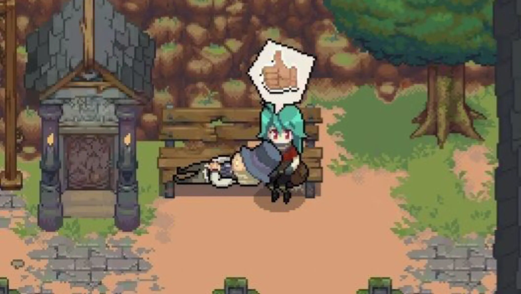 This image is a pixel-art scene from the game Potion Permit. It shows a character with teal hair sitting on a bench, gently holding another character who appears to be lying down with their head resting on the seated character’s lap. A speech bubble with a thumbs-up icon appears above, indicating approval or satisfaction. The scene takes place outdoors, surrounded by a tree, stone pavement, and a small shrine-like structure with lit torches.