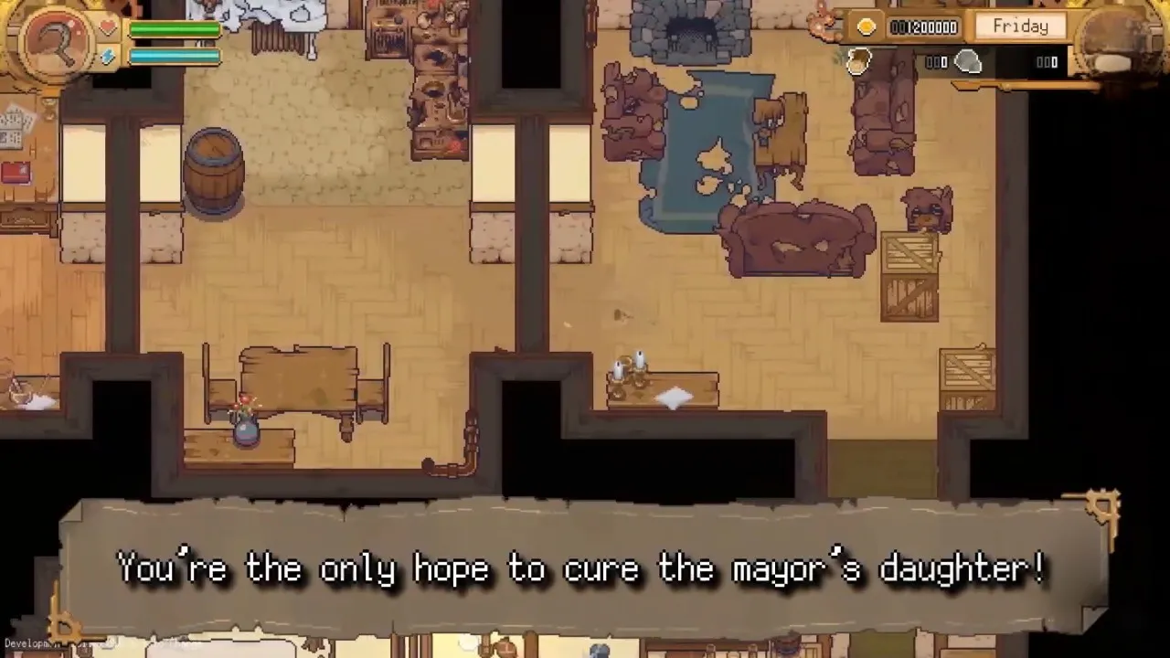 Displays a cluttered room with a distressed atmosphere, accompanied by the message: "You're the only hope to cure the mayor's daughter!" This sets up a critical story mission and emotional hook for the game’s narrative.Displays a cluttered room with a distressed atmosphere, accompanied by the message: "You're the only hope to cure the mayor's daughter!" This sets up a critical story mission and emotional hook for the game’s narrative.