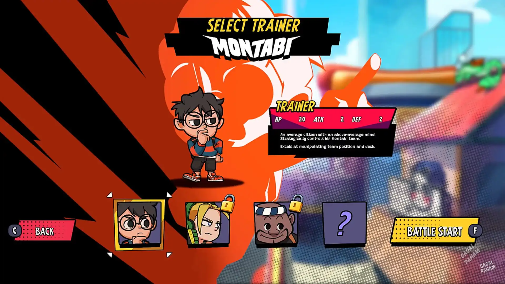 An interface for selecting a trainer character, showing a character with glasses and a thoughtful expression. The trainer’s stats and a description of their abilities are presented, along with locked options for additional trainers.