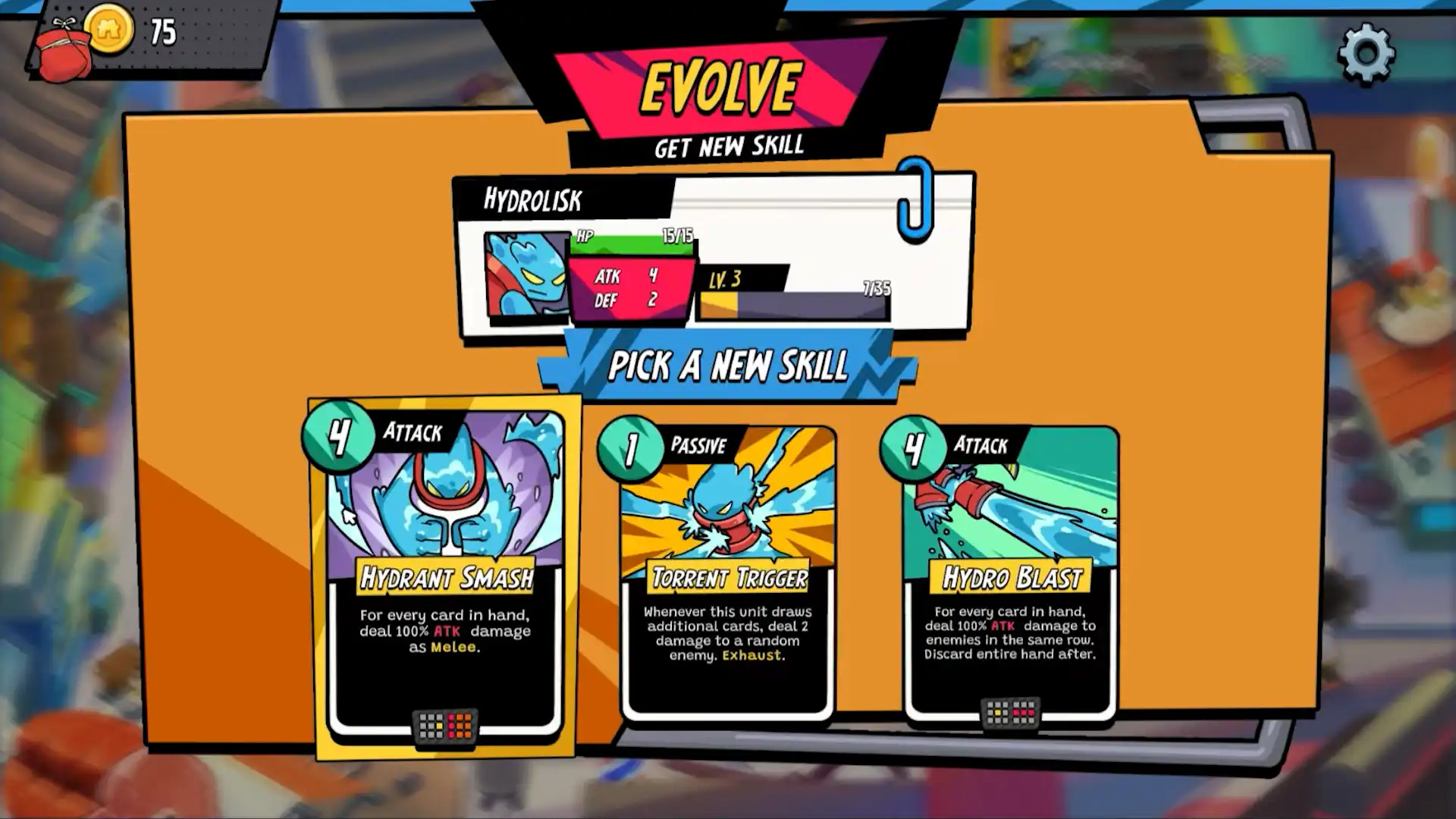A character named "Hydrolisk" is displayed with stats for HP, attack, and defense. Options to select new skills named "Hydrant Smash," "Torrent Trigger," and "Hydro Blast" are available
