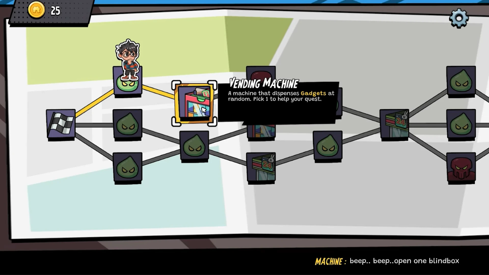 A map interface showing the player character and a vending machine option for acquiring gadgets. The machine is marked with a description of its functionality for aiding the quest.