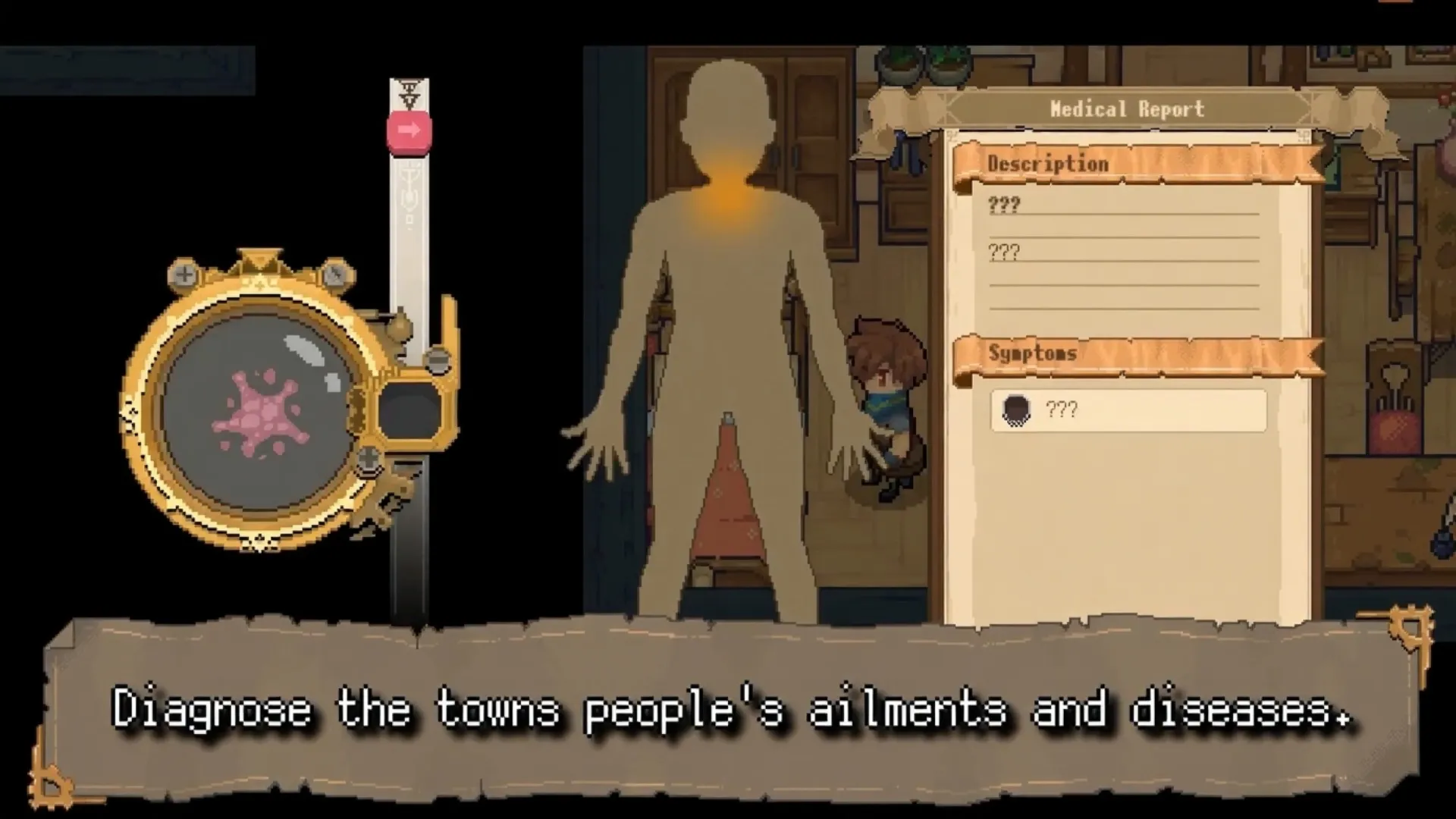 Shows the diagnosis interface where the player identifies ailments in villagers. A highlighted body area and symptom analysis are part of the process, reflecting the role of a town chemist.