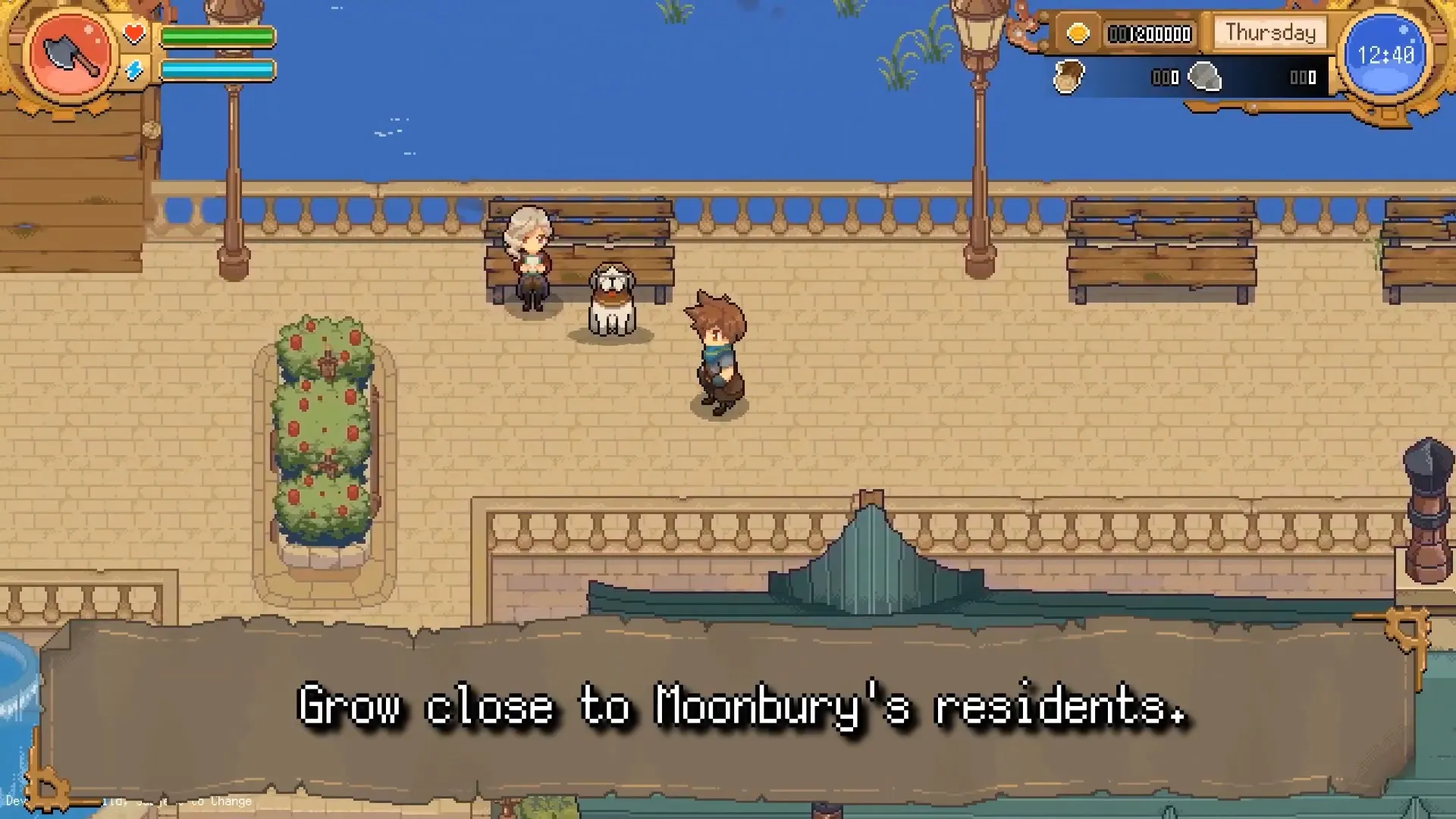 This image from Potion Permit shows the player character walking along a peaceful pier area near the water. An elderly NPC sits on a bench with a white dog beside her. The on-screen message reads, “Grow close to Moonbury’s residents,” emphasizing the game’s focus on building relationships.